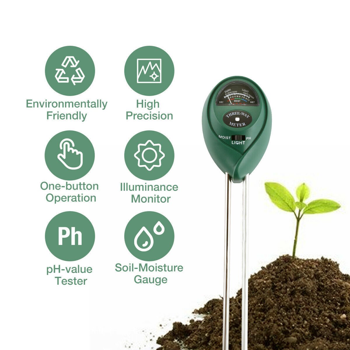 Misuratore PH Terreno 3 In 1 Digitale - Rileva Umidità, PH E Temperatura - Display LCD - Per Giardinaggio Interno/Esterno