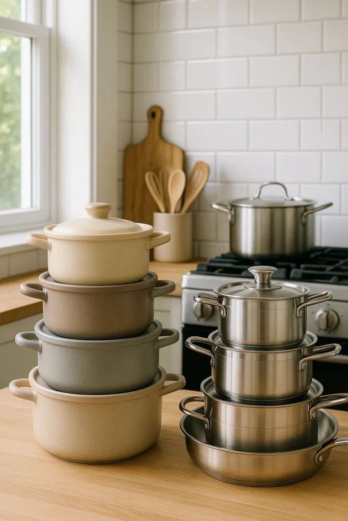 Stack of ceramic and stainless steel cookware.