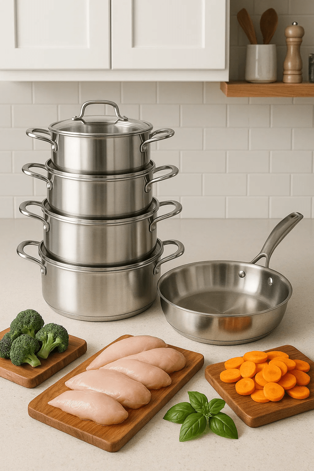 Stainless steel cookware with prepped food ready for cooking.
