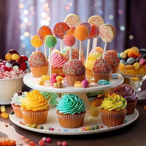 Table of cupcakes and colorful sweets. 