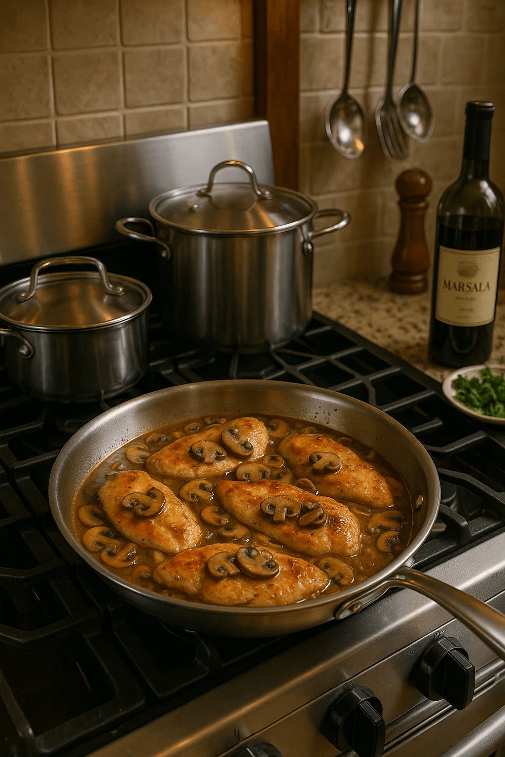 Stainless steel cookware being used to cook chicken Marsala.