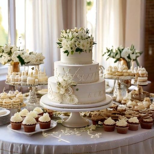 Table with a wedding cake and cupcakes. 