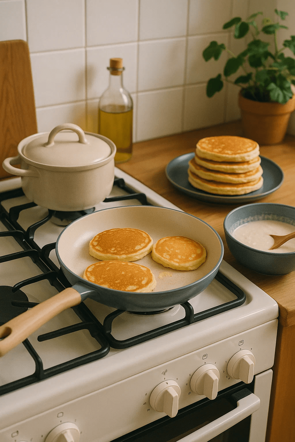 Ceramic cookware being used to cook pancakes.