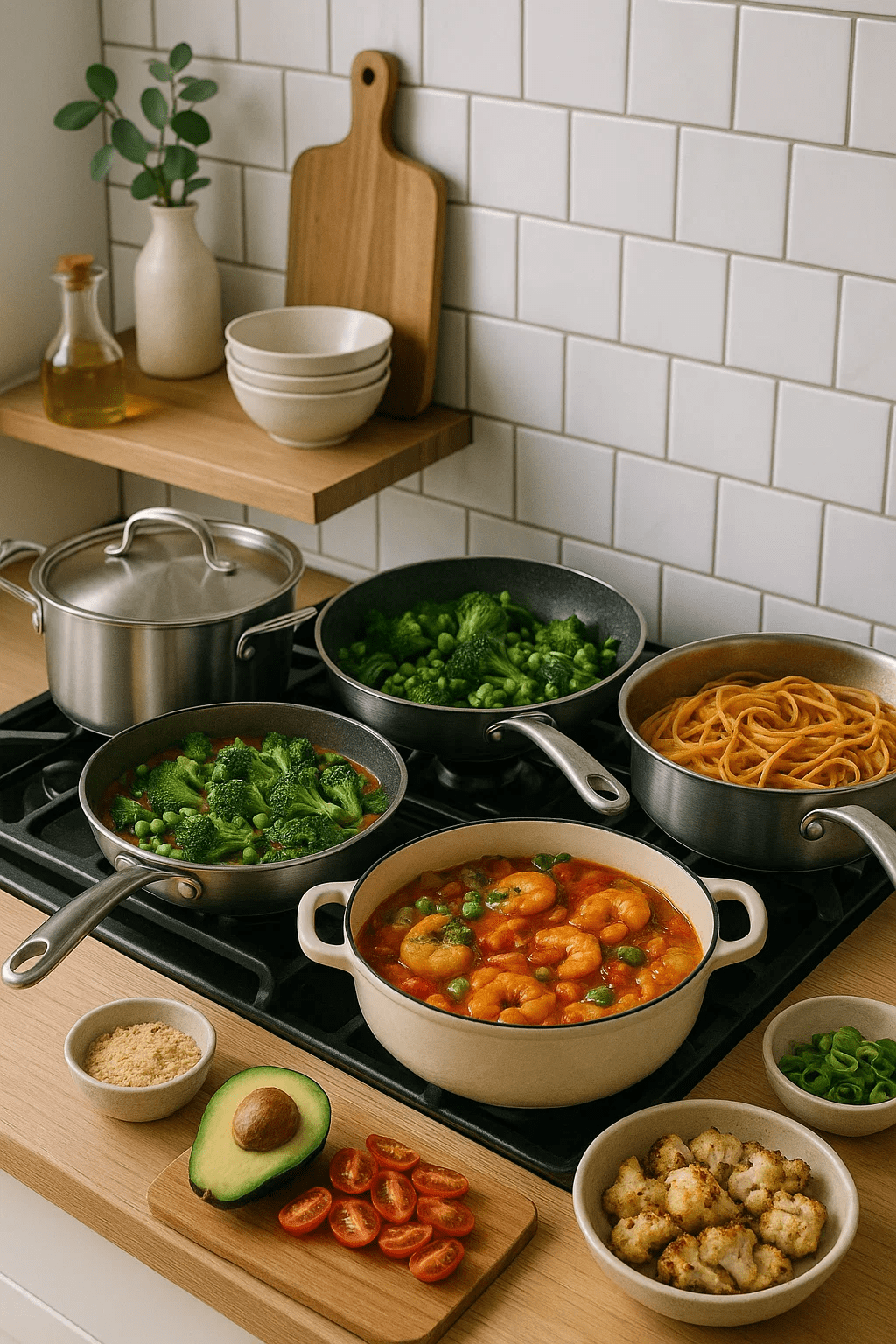 Ceramic and stainless steel cookware on the stove with food being cooked.