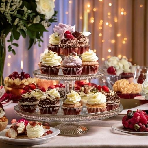 Table with a cupcake tower. 