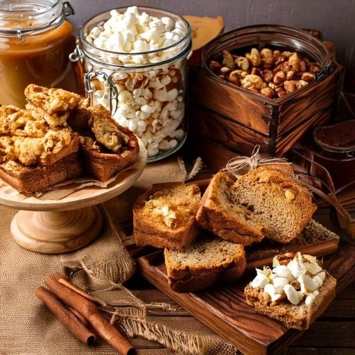 Table of popcorn, breads, and nuts. 