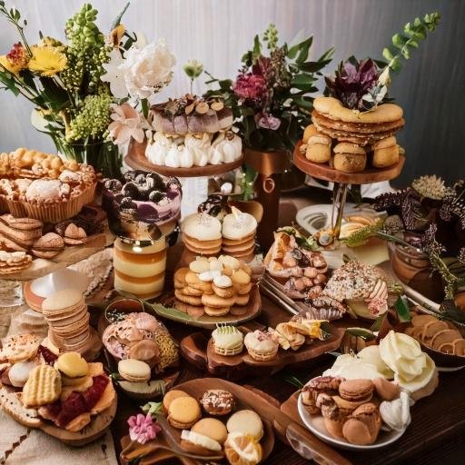 Dessert table full of desserts.