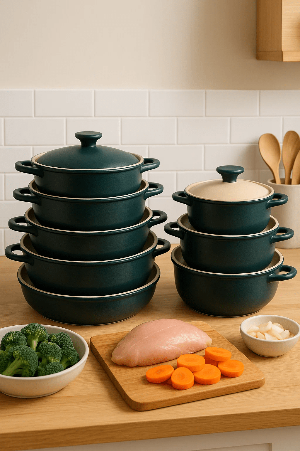 Ceramic cookware with prepped food ready for cooking.